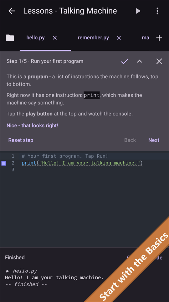 Step 1 of the Talking Machine lesson: a one-line print program with its output in the console below
