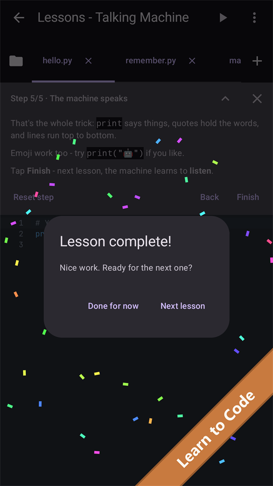 Confetti and a lesson-complete dialog at the end of the Talking Machine lesson